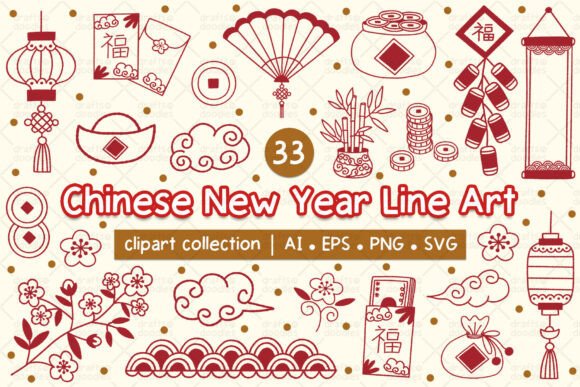 Chinese New Year Line Art Clipart Set: Graphics & Illustrations
