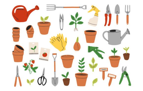 Gardening Tool Set Illustration: Hand-Drawn Graphics & Illustrations
