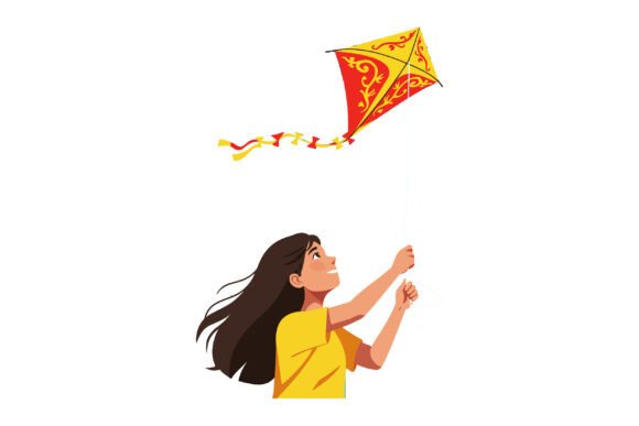 Girl Flying Red and Yellow Diamond-shape Graphics & Illustrations