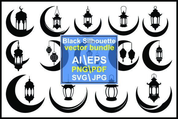 Silhouette Crescent Moon Lantern Islamic Graphics