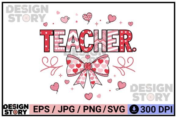 Sweet Teacher Heart Bow Valentine Art: Graphics & Illustrations