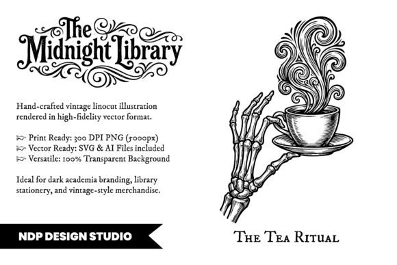 Vintage Linocut Teacup Dark Academia SVG Graphics