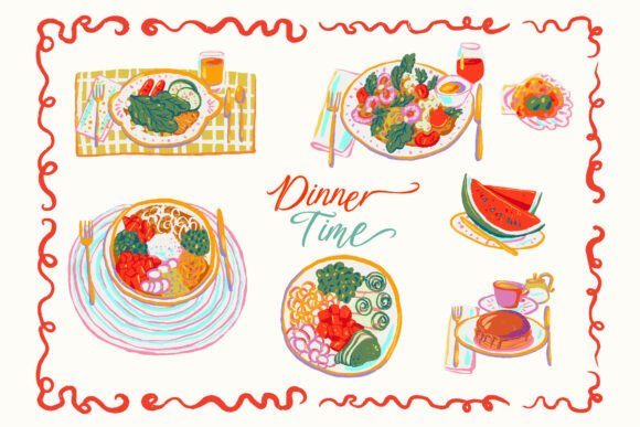 Whimsical Hand-Drawn Dinner Time Meal Graphics & Illustrations