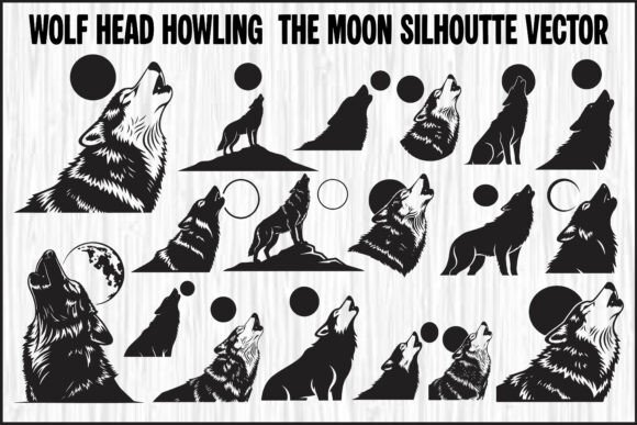 Wolf Head Howling at the Moon Silhouette Graphics